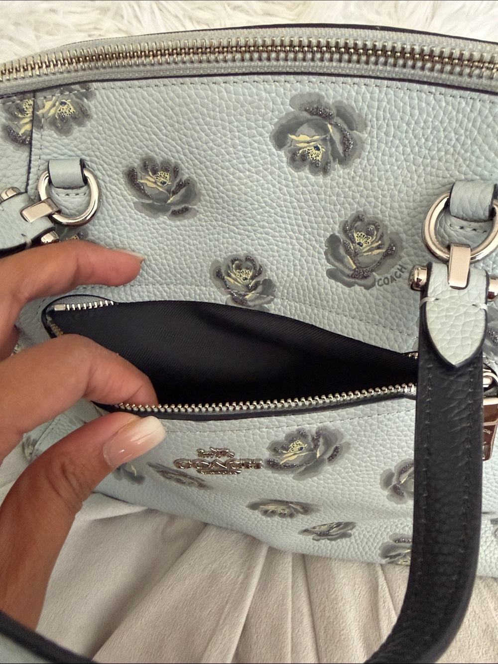 Coach Light Blue Floral Leather Tote with Silver Hardware - Picture 3 of 6